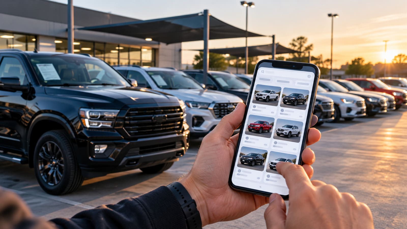 Customers browsing vehicles at a car lot at sunset